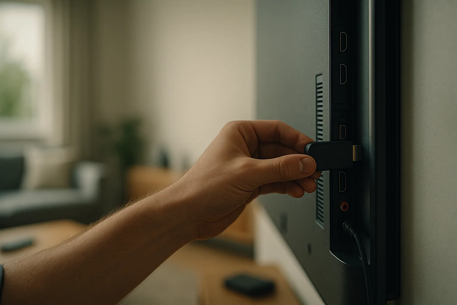 Plugging a streaming stick into a TV to install Hot Player