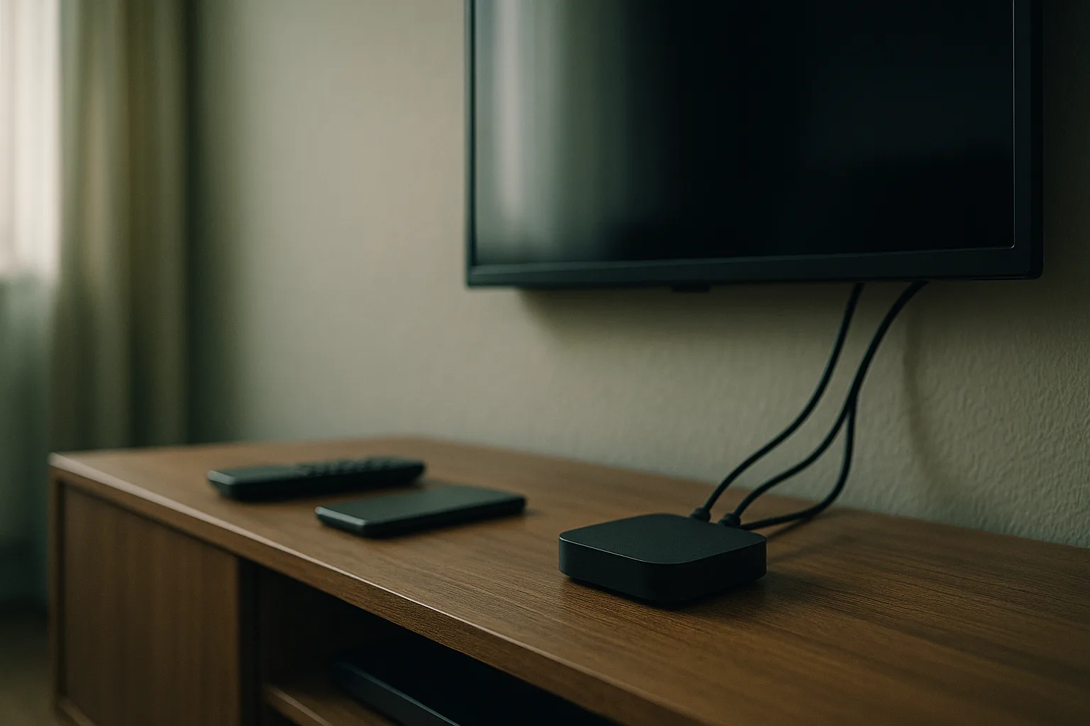 A streaming media box set up beneath a TV for IPTV Smarters Pro