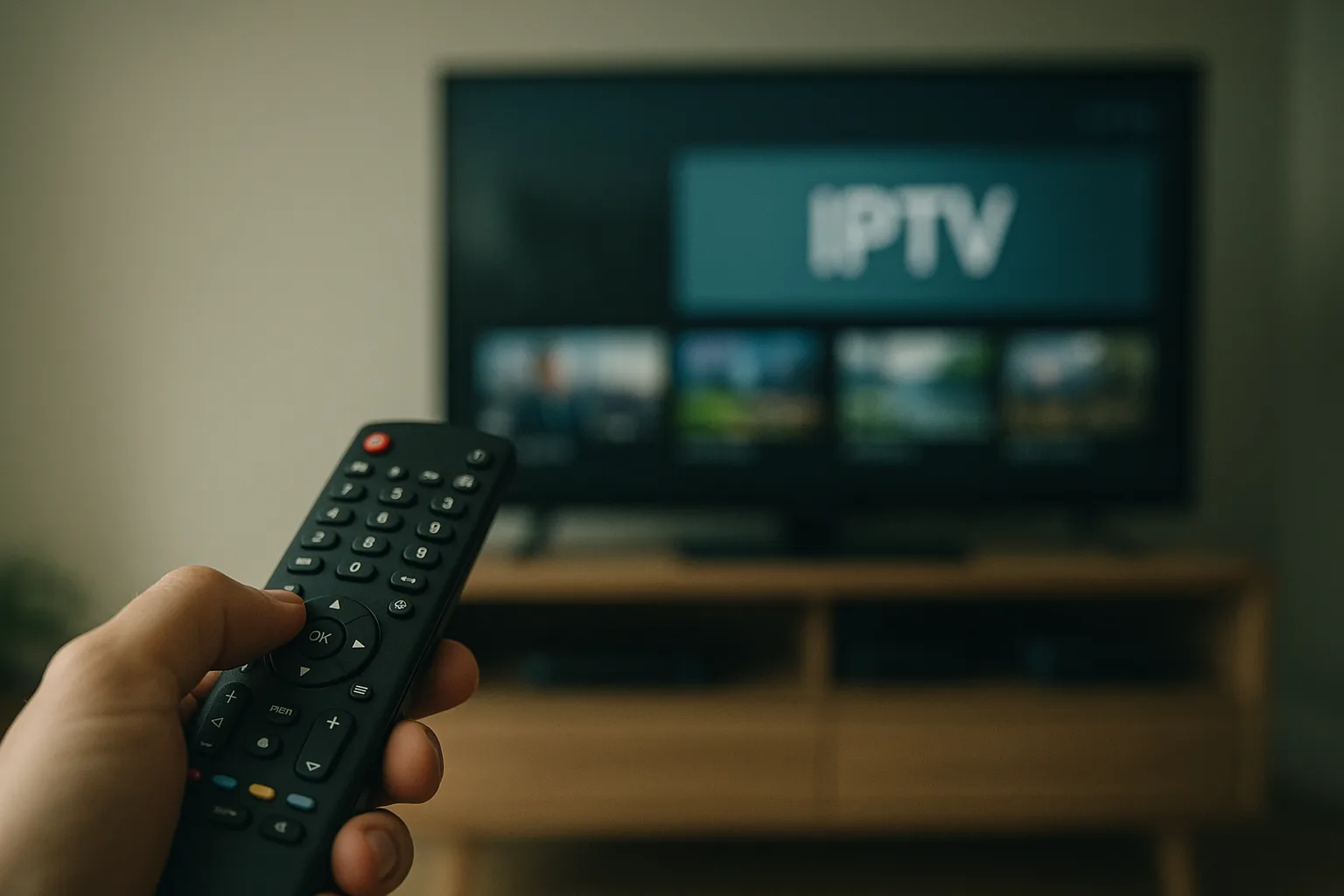 Hand with remote control pointed at a TV showing IPTV content.