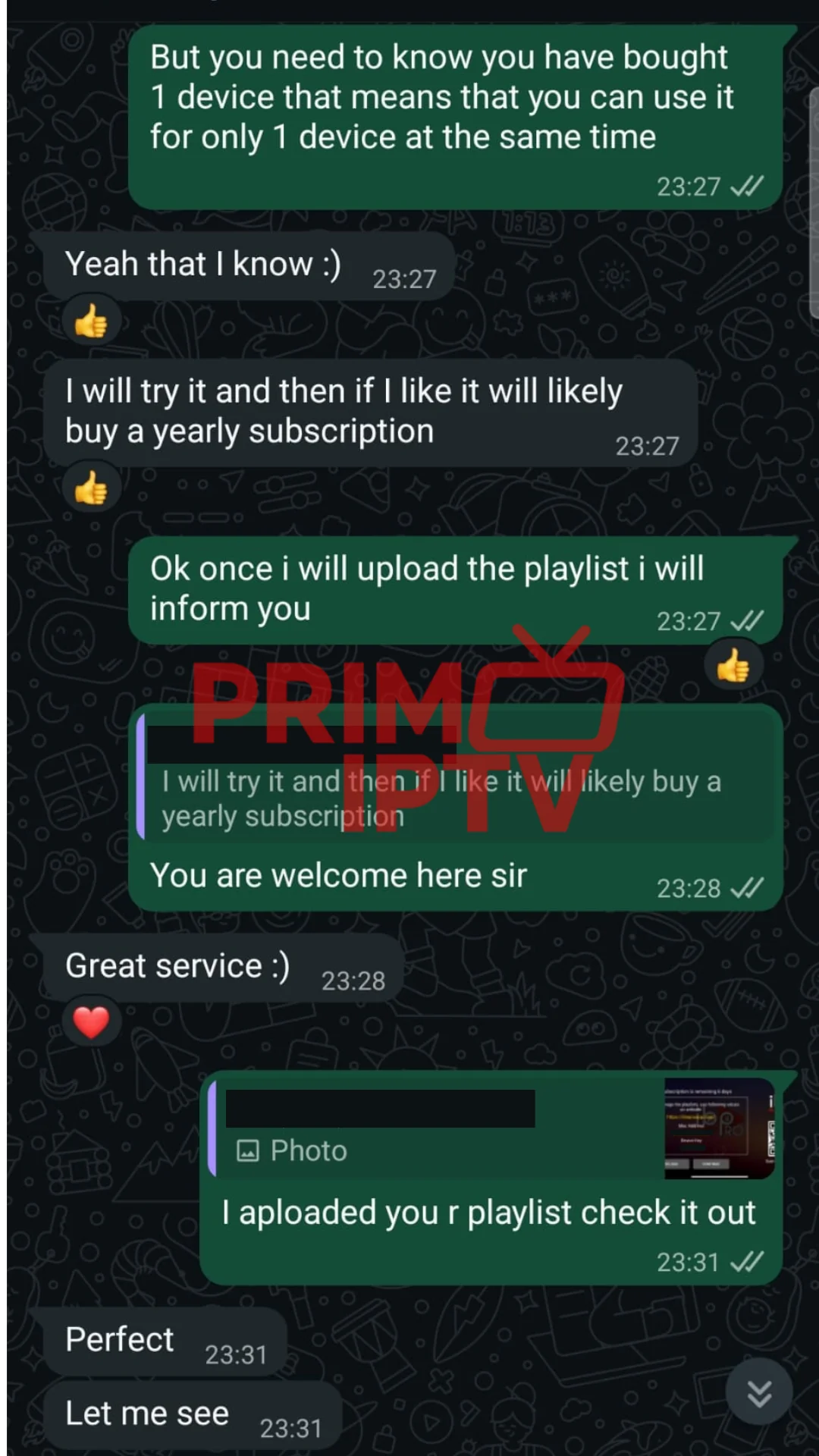 WhatsApp message from a verified PrimoTV customer sharing their experience (review 2 of 7)