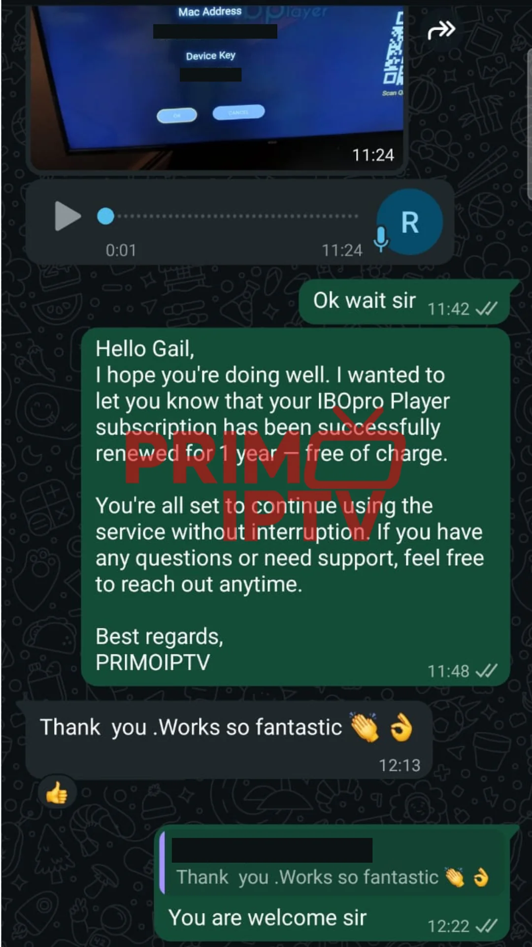 WhatsApp message from a verified PrimoTV customer sharing their experience (review 6 of 7)