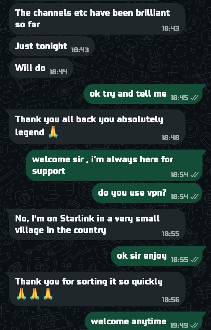 WhatsApp chat at 18:43: a Primo UK member says the channels have been brilliant, thanks the support team for sorting an issue so quickly and calls them an absolute legend.
