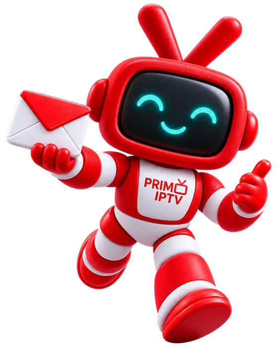 PrimoTV mascot robot holding a letter