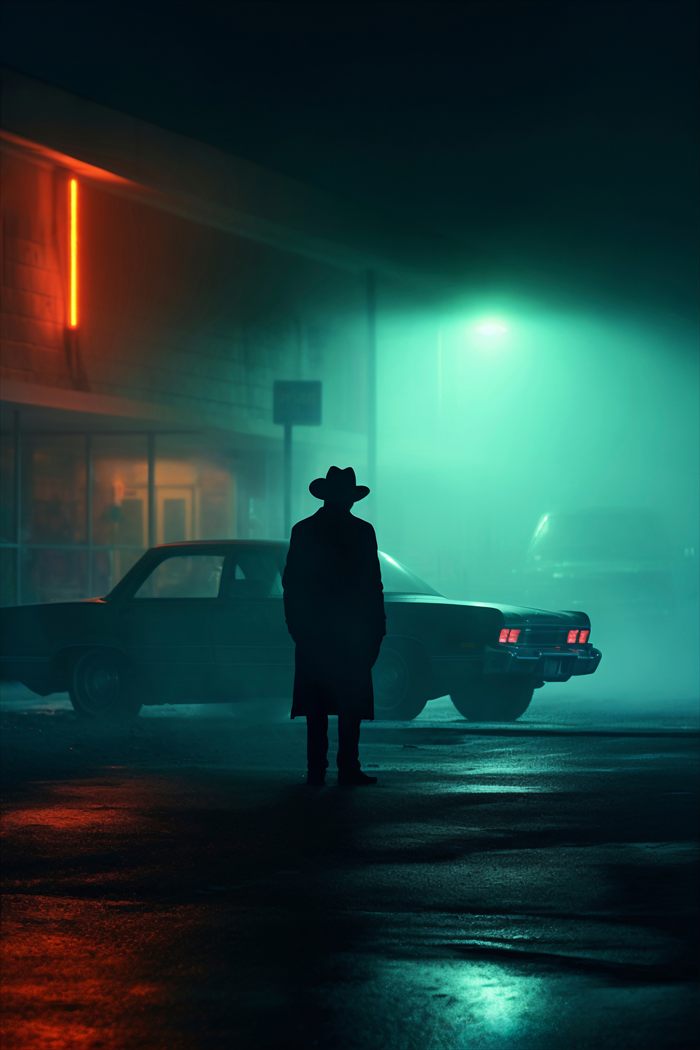 Cinematic crime drama scene on a rainy neon-lit street