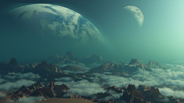 Sci-fi landscape with a planet rising over mountains