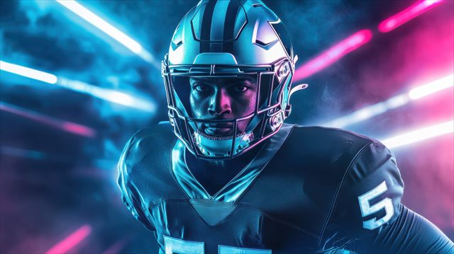 NFL football player in full gear under stadium lights