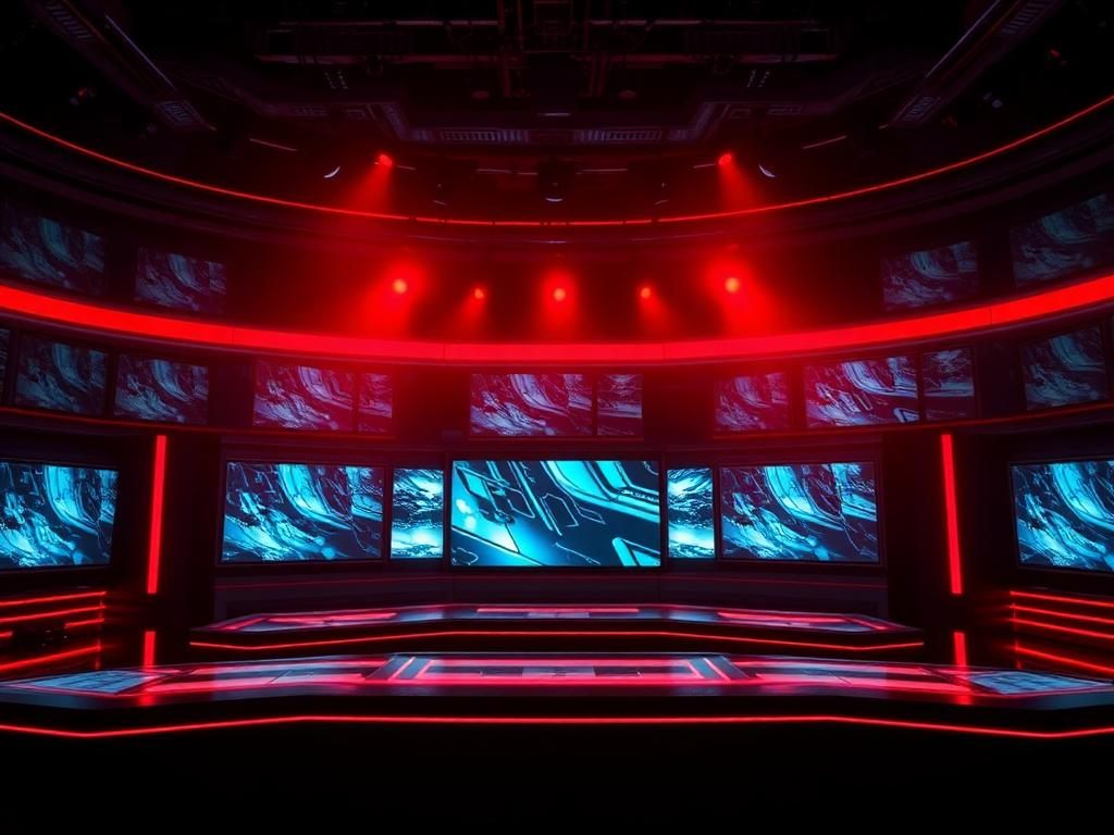 Broadcast studio wall of live TV screens
