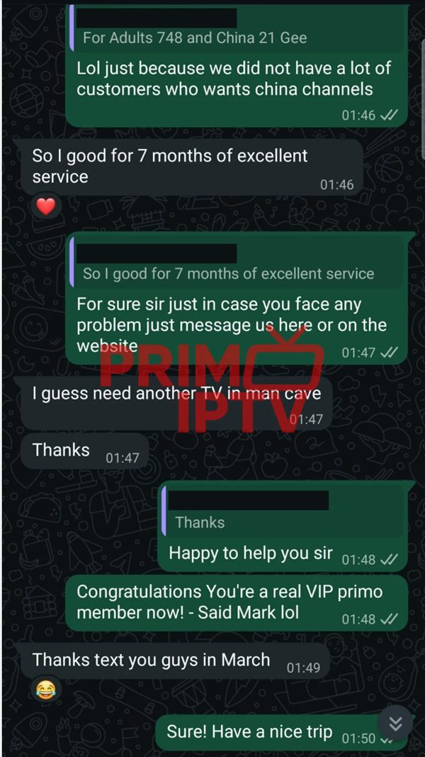 WhatsApp review from a customer after seven months of excellent service