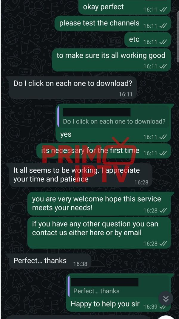 WhatsApp chat showing PrimoTV USA support helping a customer set up