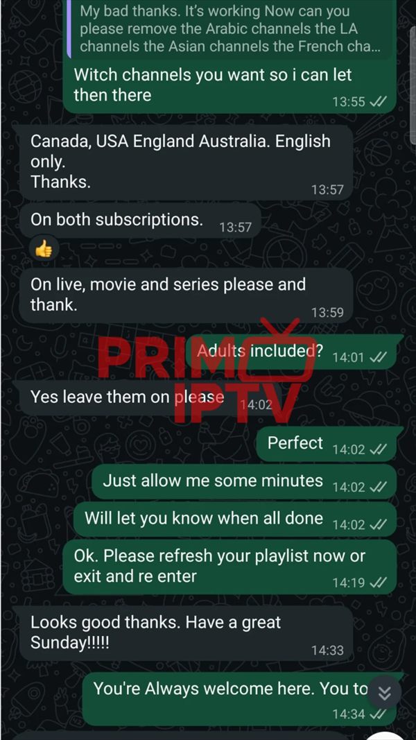 WhatsApp conversation about channels available on both subscriptions