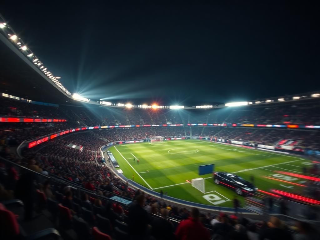 Packed football stadium under floodlights during a live match